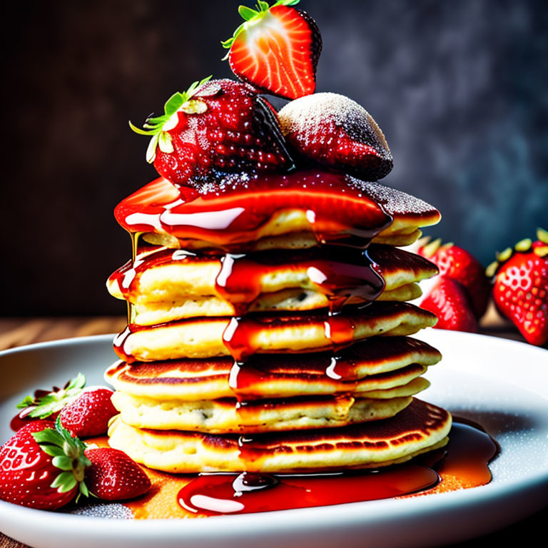 Fresh Strawberry Pancakes with Syrup on White Plate