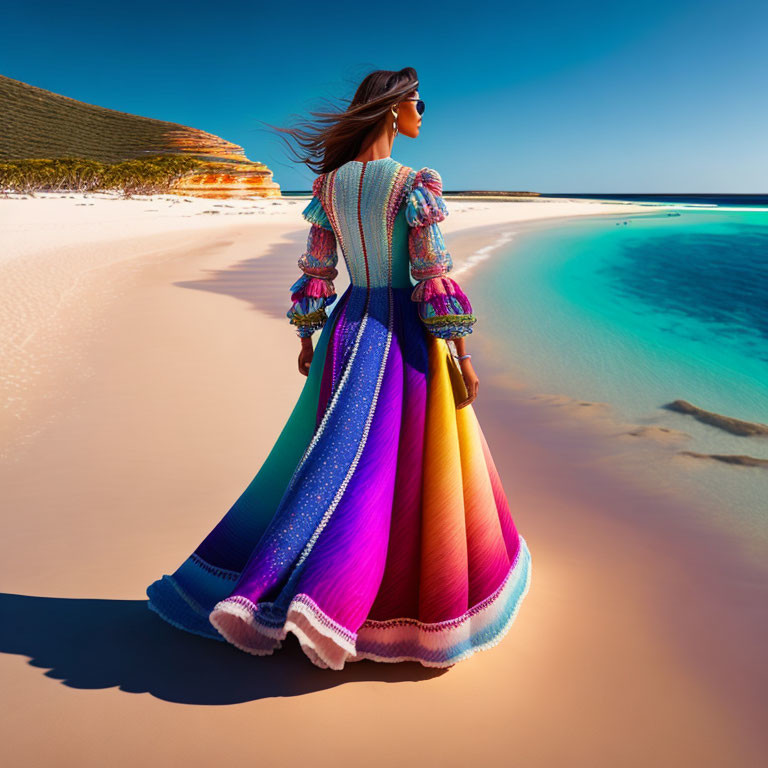 Woman in colorful dress on sandy beach overlooking turquoise sea