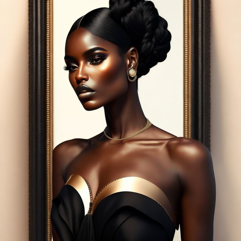 Dark-skinned woman in off-shoulder dress with sleek updo and makeup surrounded by vertical lines