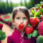 Young girl with green eyes and freckles in vibrant garden scene