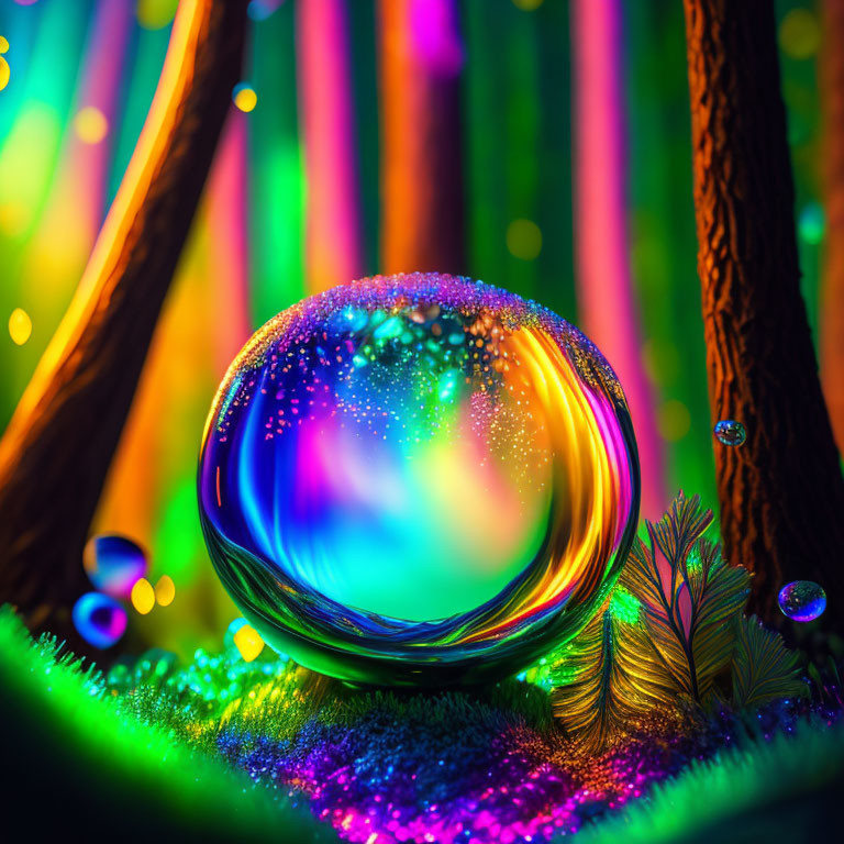 Colorful Crystal Ball Surrounded by Glowing Lights