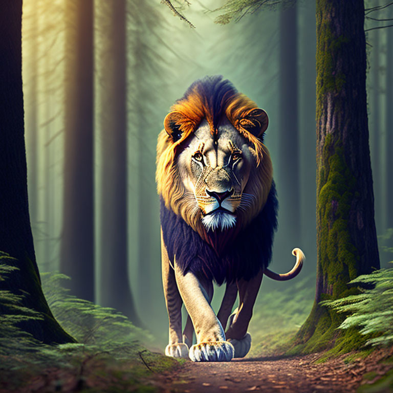 Majestic lion in sunlit forest with lush greenery