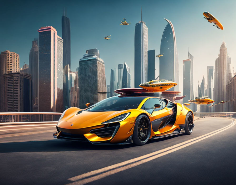 Orange Sports Car in Futuristic Cityscape with Skyscrapers and Flying Vehicles