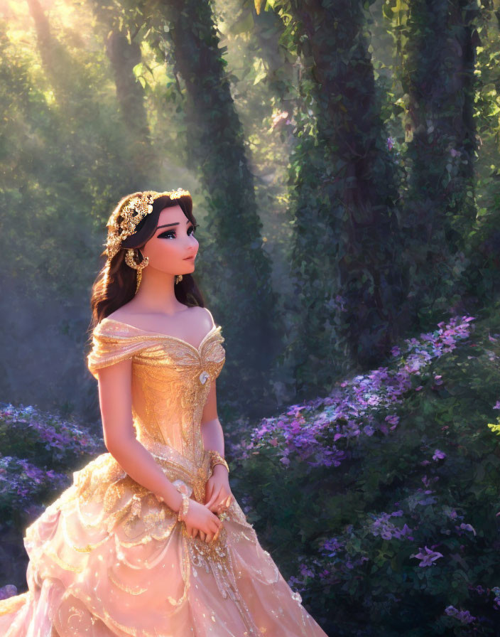 Animated princess in gold dress and tiara in dreamy forest with sunlight.