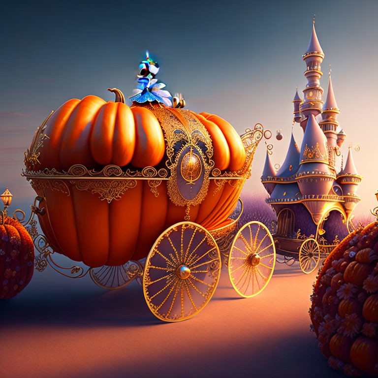 Whimsical pumpkin carriage with blue bird at fairytale castle