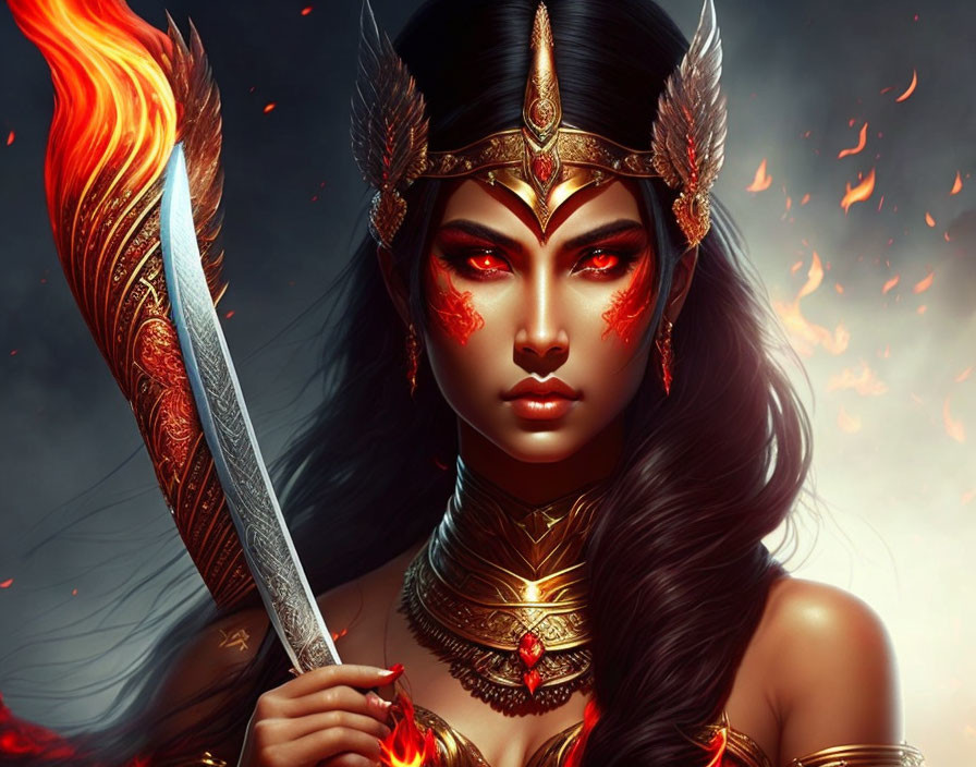 Fantasy warrior woman with flaming eyes and fiery blade in golden armor