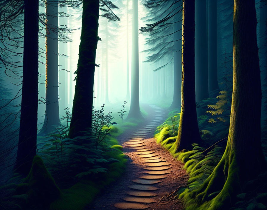 Mystical forest path with sunbeams, tall trees, green moss, and stepping stones