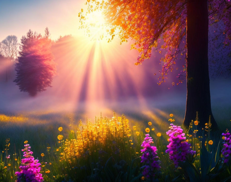 Sunlight through trees on vibrant meadow with purple flowers