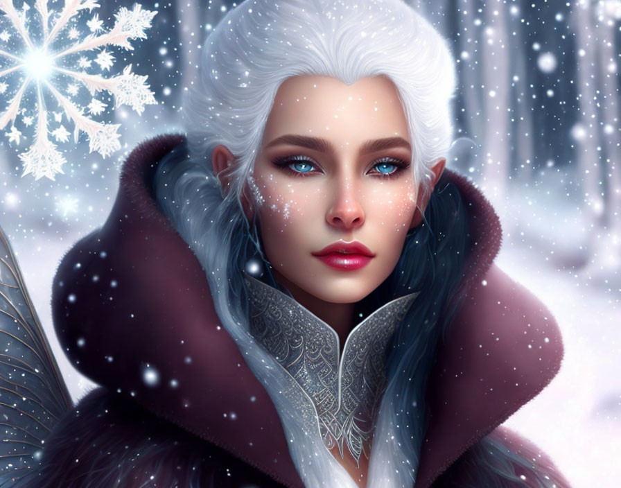 Illustration of pale-skinned woman in red fur cloak in snowy landscape