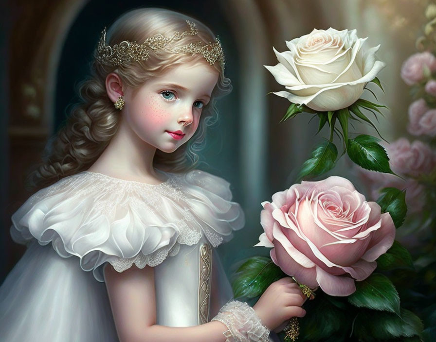 Curly-haired girl in white dress with pink rose and tiara, surrounded by white roses