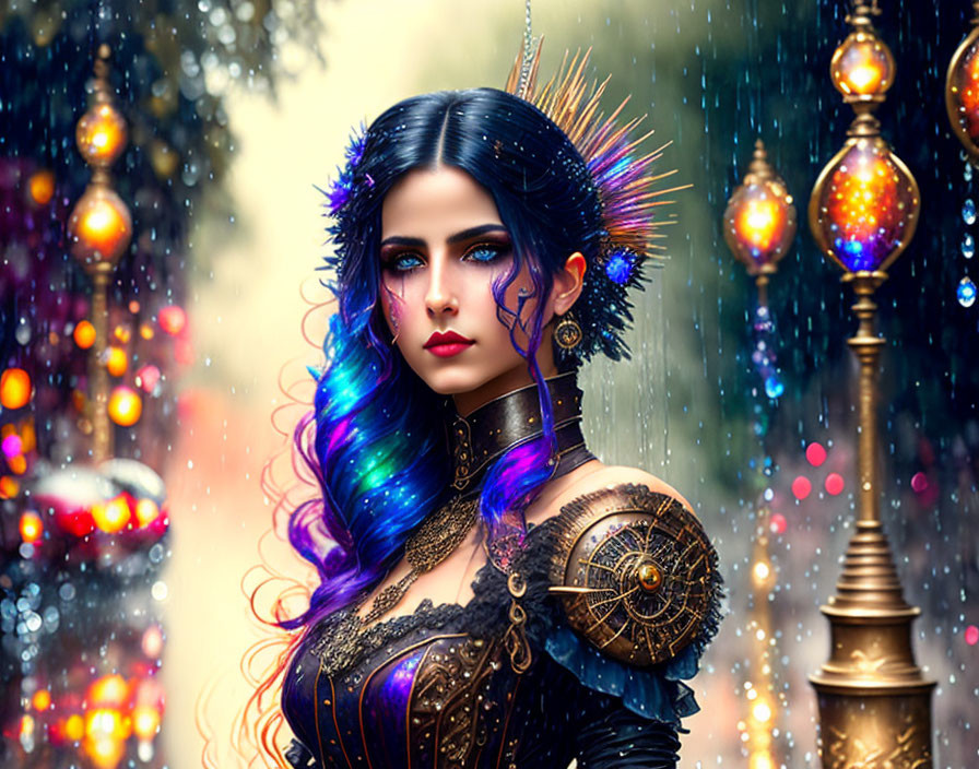 Fantasy illustration: Woman with blue hair, gold & black armor, ethereal makeup, rain backdrop