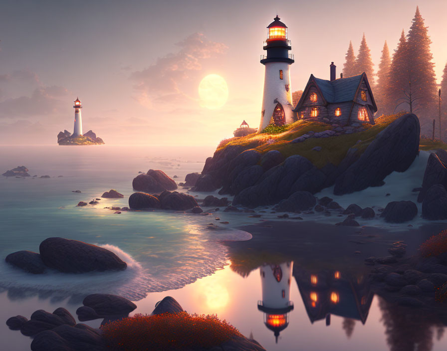 Cozy cottage and lighthouse on cliff at twilight by calm sea