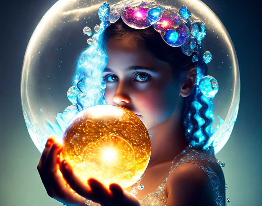 Young girl with glowing blue curls holding luminous orb amid bubbles and jewels.