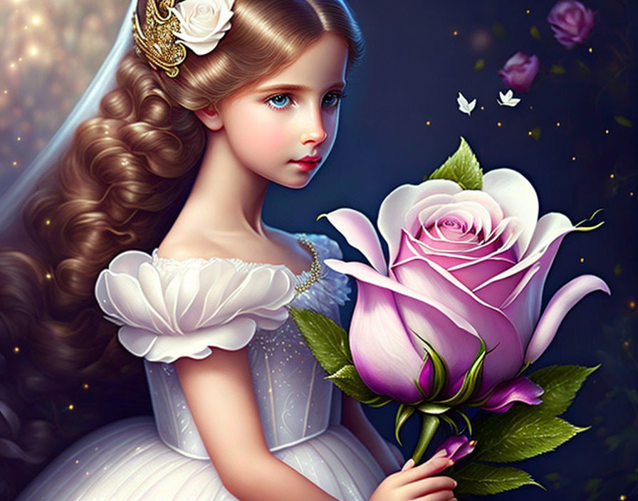 Digital illustration: Young girl with wavy hair holding pink rose in soft light with butterflies