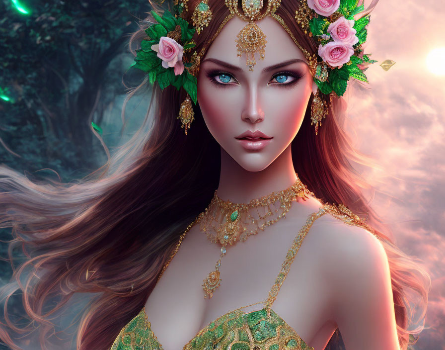 Digital art portrait of woman with floral crown, gold jewelry, flowing hair in mystical forest.