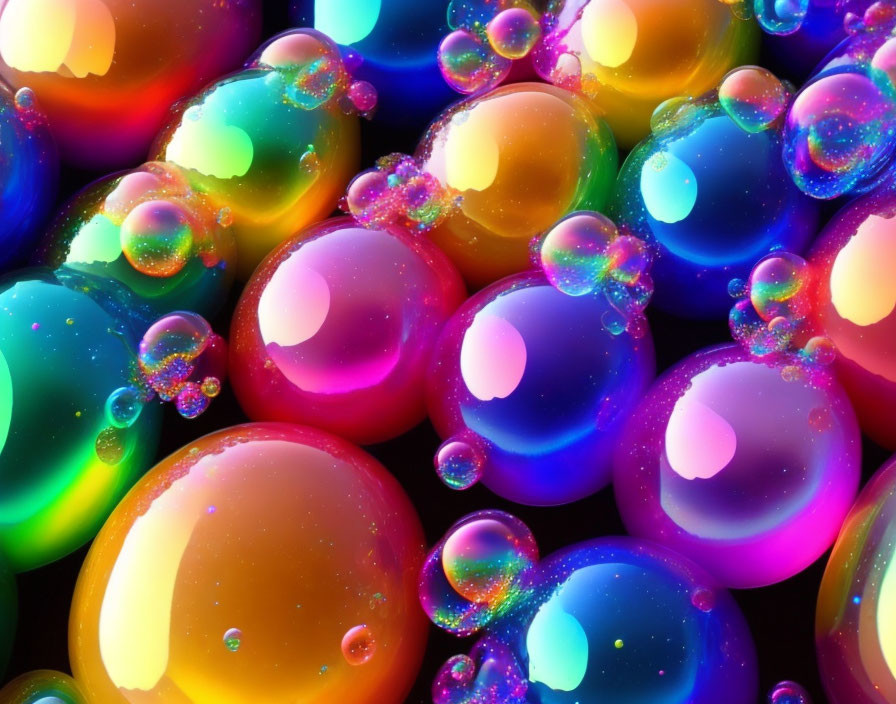 Iridescent bubbles reflecting light in vibrant colors