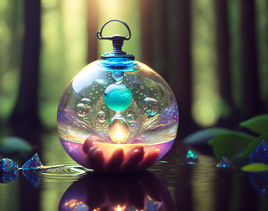 Translucent orb held in hand, lantern top, mystical forest setting, sparkling lights, blue leaves.