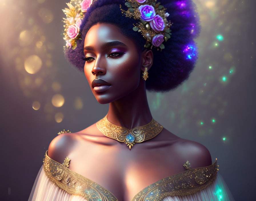 Portrait of woman with adorned afro and floral dress on bokeh background