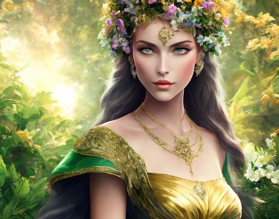 Fantasy woman digital artwork with floral crown and elegant gown