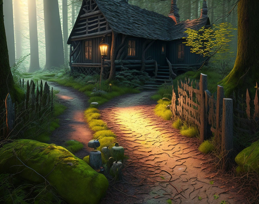 Cozy cottage in mystical forest with warm light and cobblestone path