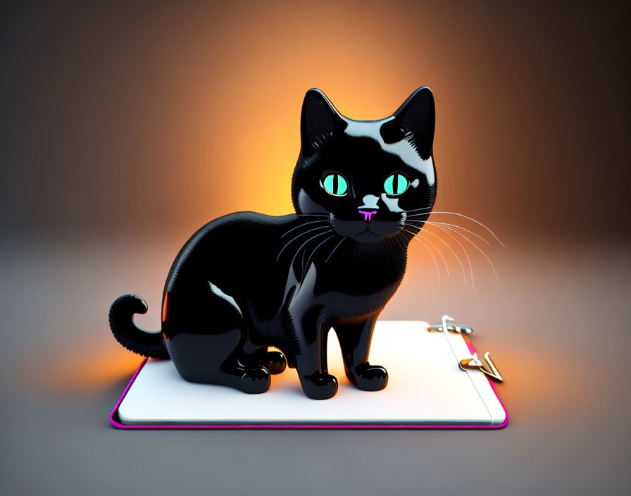 Cartoon black cat with bright eyes on white pad with pen and paperclips on orange to grey