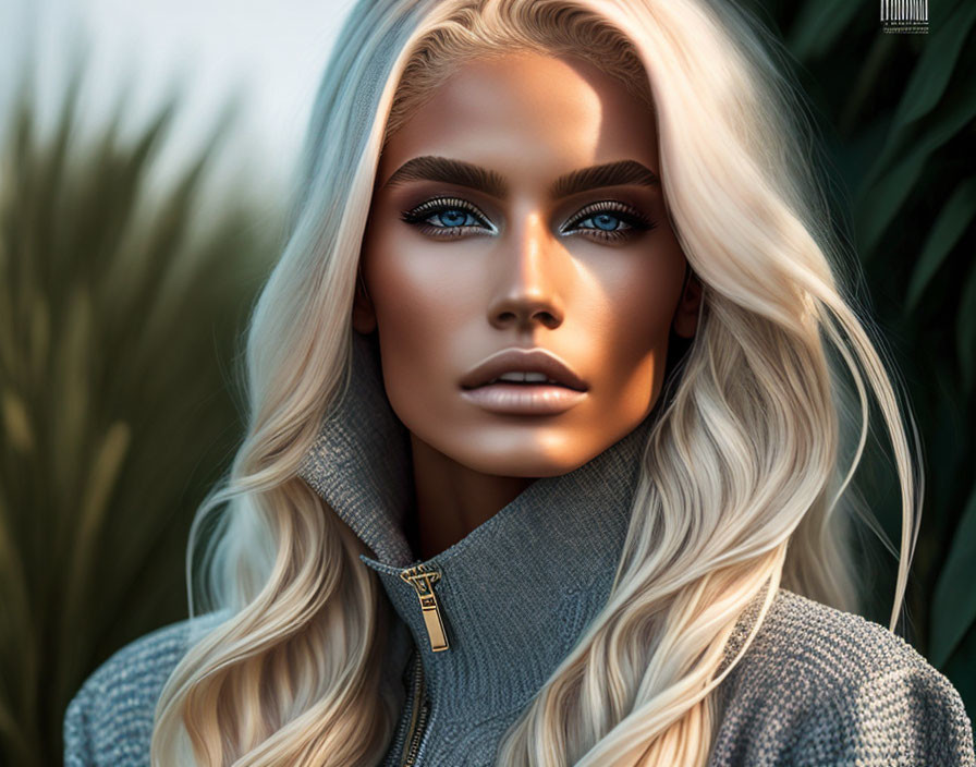 Portrait of woman with blue eyes, blonde hair, and gray sweater