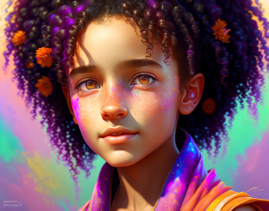 Colorful digital portrait of young girl with curly hair and floral accessories.