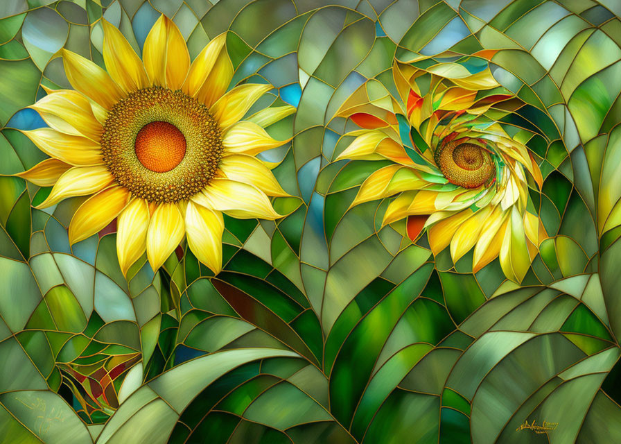 Stylized sunflower image with stained glass effect