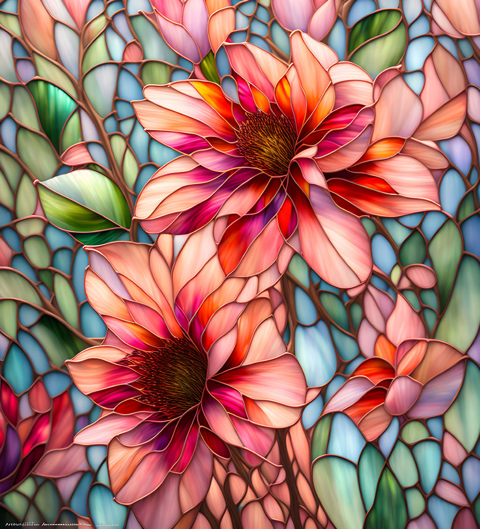 Colorful Stained Glass-Style Illustration of Pink and Orange Flowers