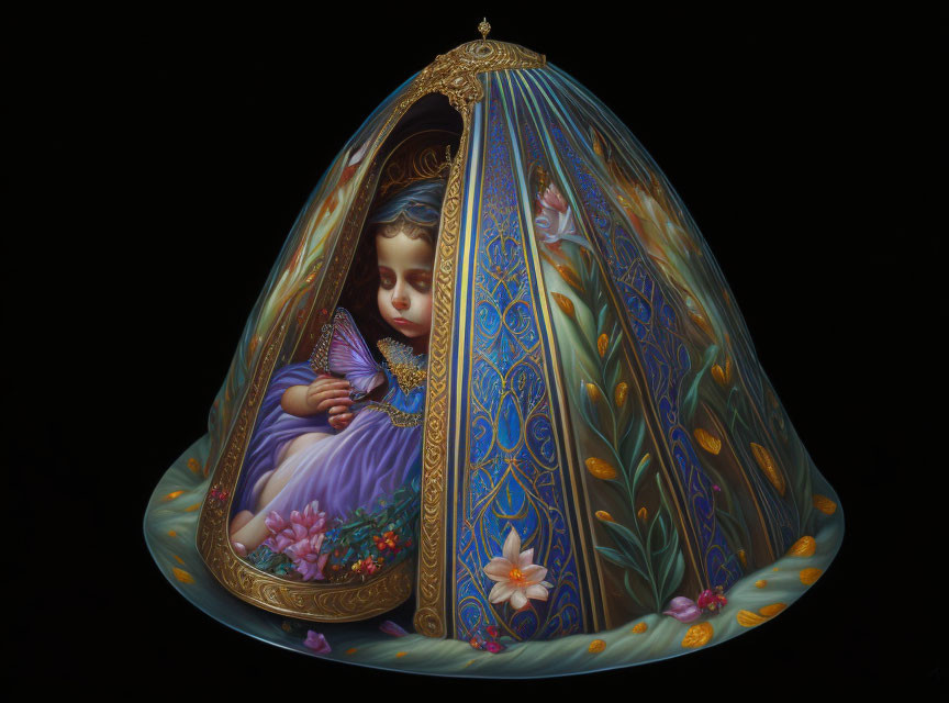 Vibrant painting of a sleeping child in ornate dome structure