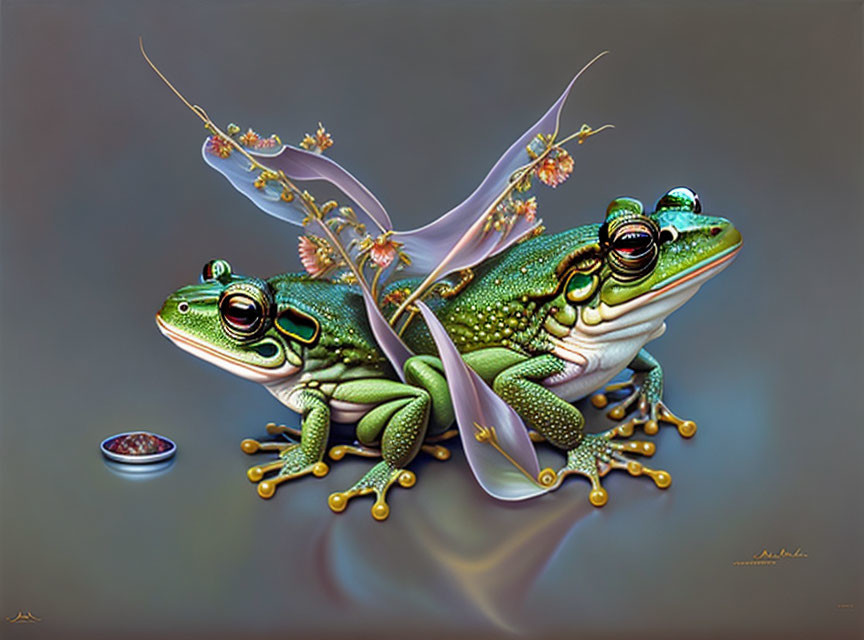 Hyper-realistic Frogs in Lily Pad Hats with Water Bowl on Reflective Surface