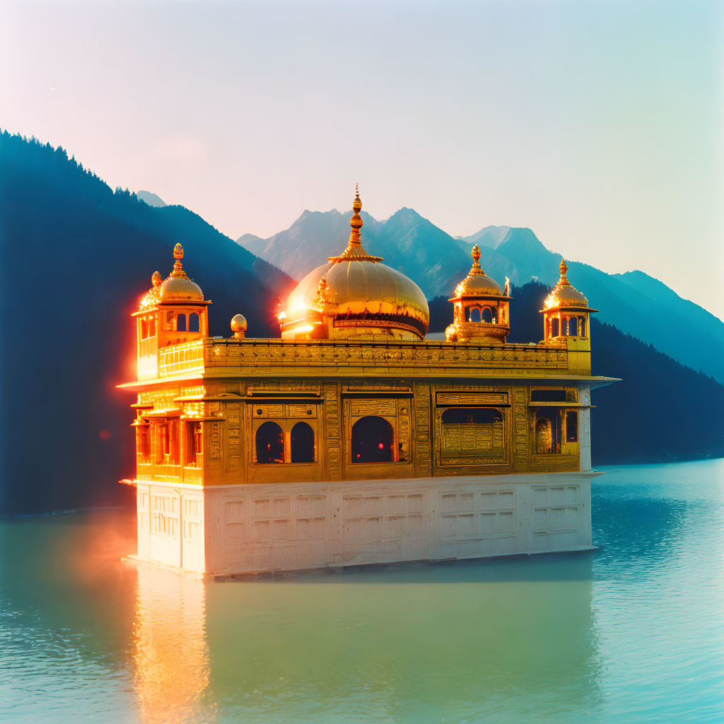 Golden-domed building on water with mountain backdrop at sunset