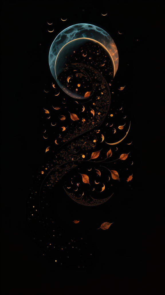 Glowing orange leaves spiral with crescent moons on dark background