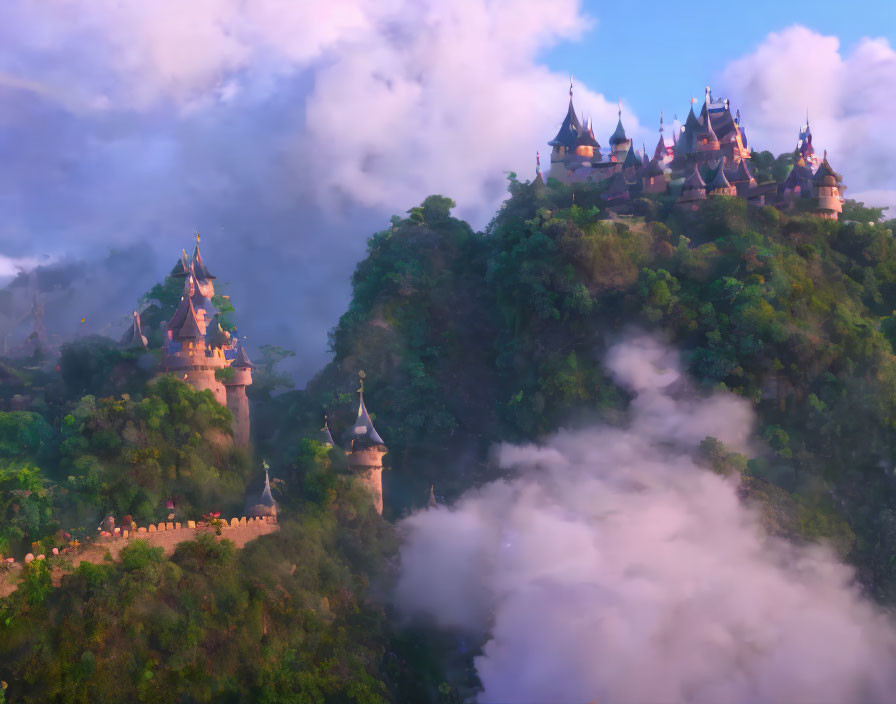 Castle on Hill Surrounded by Mist and Greenery