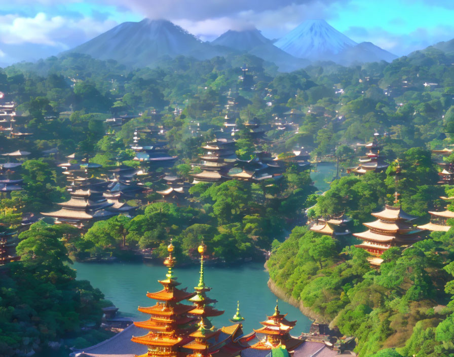 Stylized digital artwork of lush Asian mountain landscape