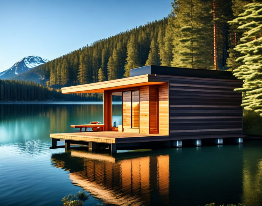 Modern Cabin Overlooking Lake, Mountain, and Pine Forest