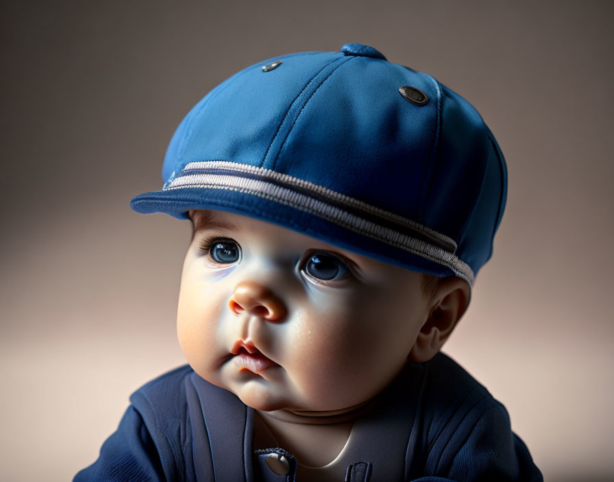 Infant in Blue Cap with Wide Eyes and Soft Lighting