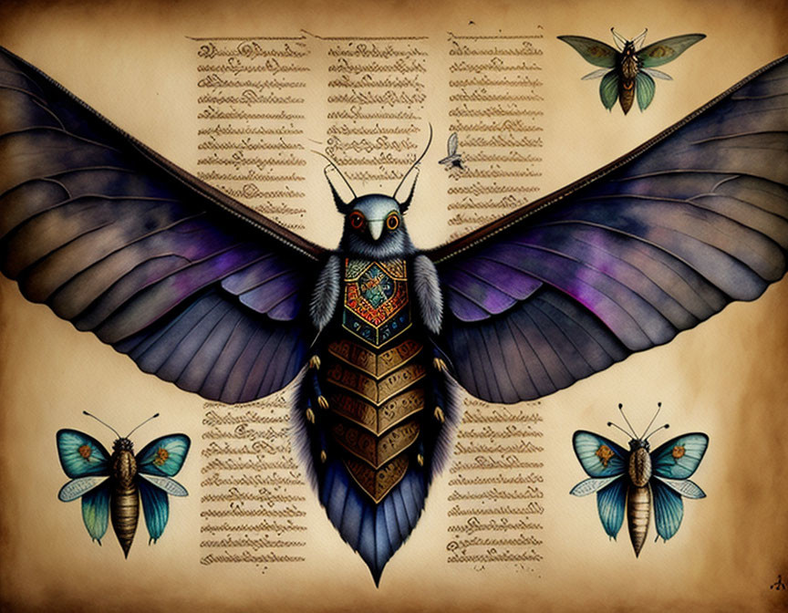 Large stylized moth illustration with intricate wings and body patterns, accompanied by smaller moths on script background