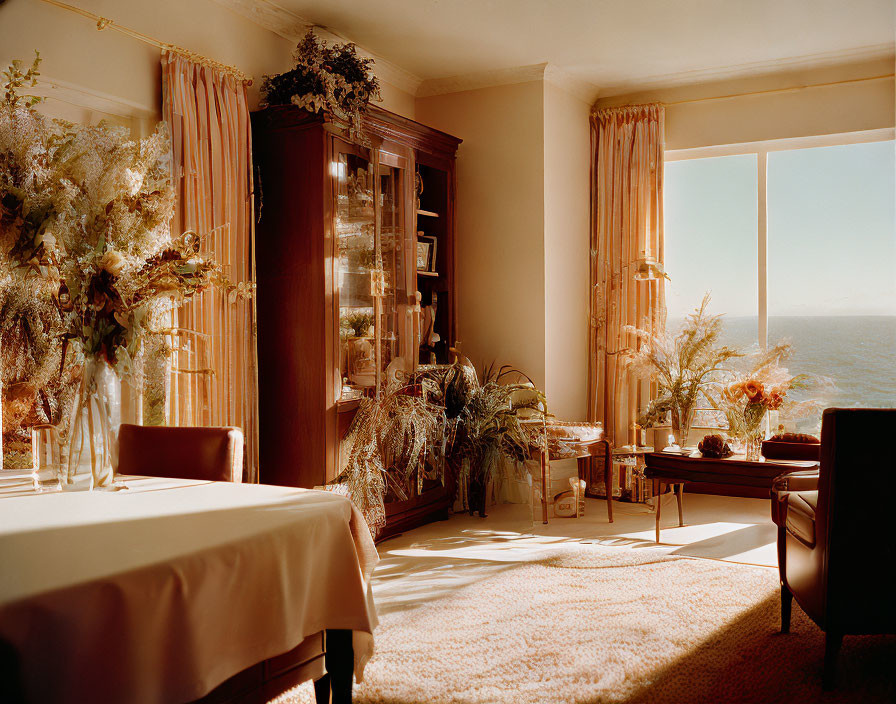 Sunlit Room with Wooden Cabinet, Sea View, Plants, Plush Carpet & Elegant Furniture