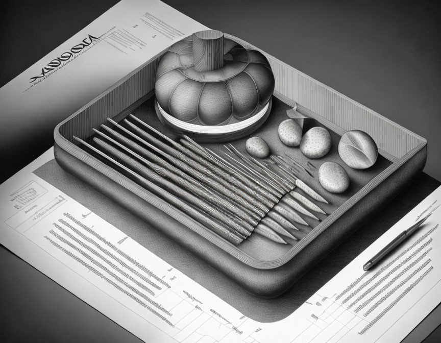 Isometric pencil drawing of stylized architectural model with geometric shapes on design schematics