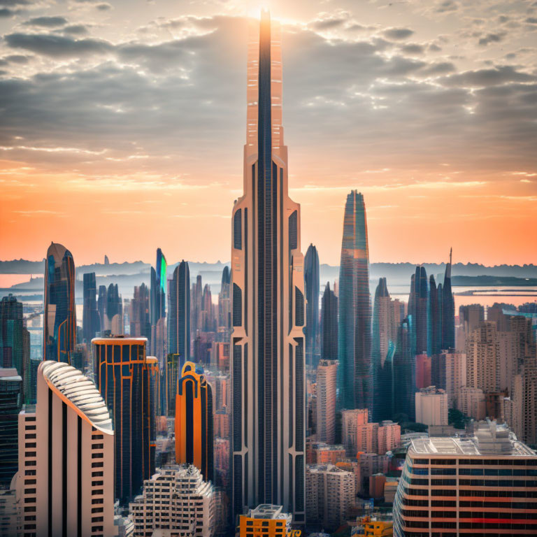 Futuristic skyline with towering skyscrapers and spire-topped building at sunset