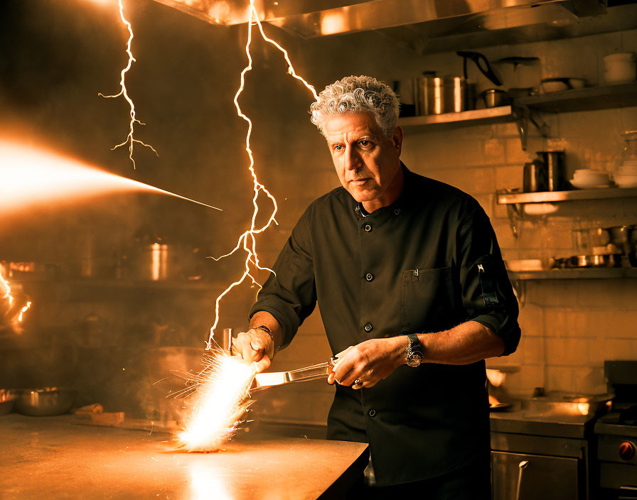 Chef cooking with sparks and lightning in dramatic culinary scene