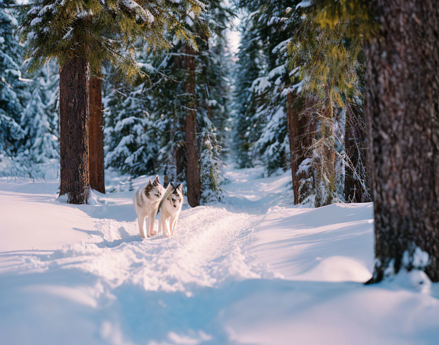 Snowy Trail Scene: Husky Dogs in Pine Forest