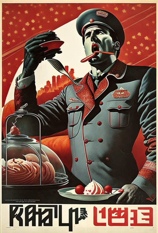 Vintage propaganda poster with uniformed man using chopsticks and Chinese text.