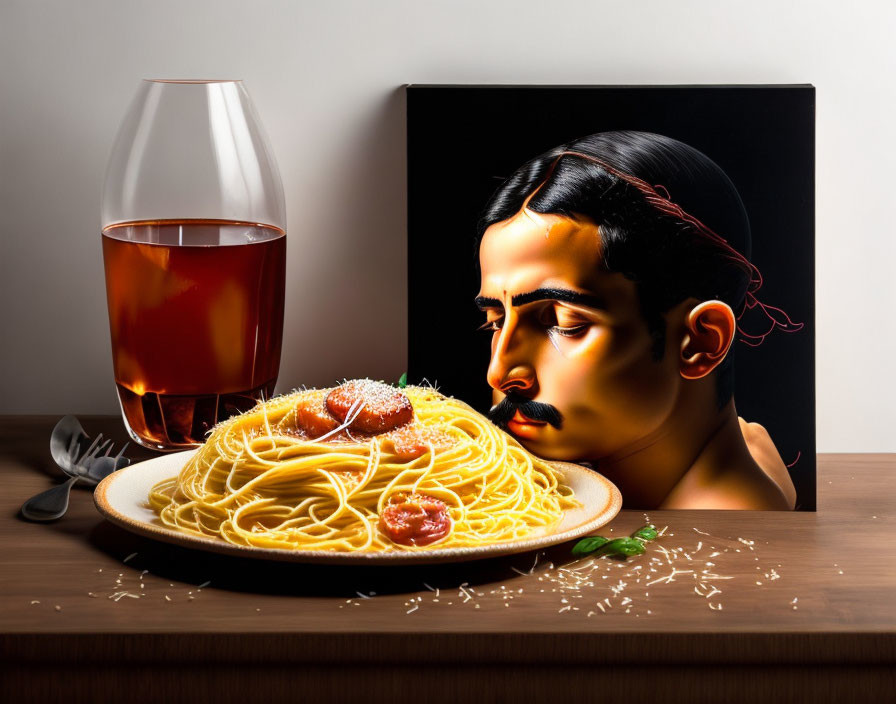 Plate of spaghetti with meatballs, cheese, glass, surreal man's face painting