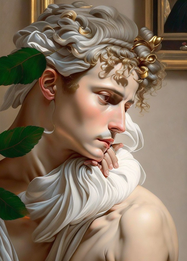 Detailed digital artwork: classical figure with curly hair, thoughtful expression, golden laurel, white drape