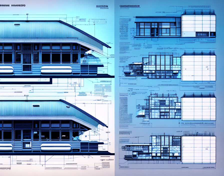 Detailed Modern Structure Blueprints with Facade, Elevation, and Section Views