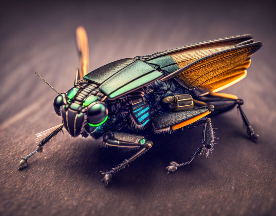 Detailed Close-Up of Mechanical Insect with Metal Parts, Green Eyes, and Orange Wings