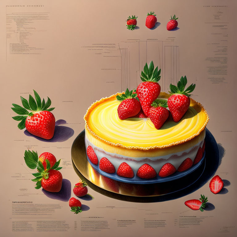 Detailed Hyper-Realistic Strawberry Cheesecake Illustration