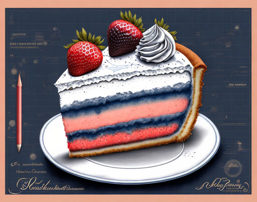 Cake slice with white icing, strawberry, and cream on plate with engineering-themed background.